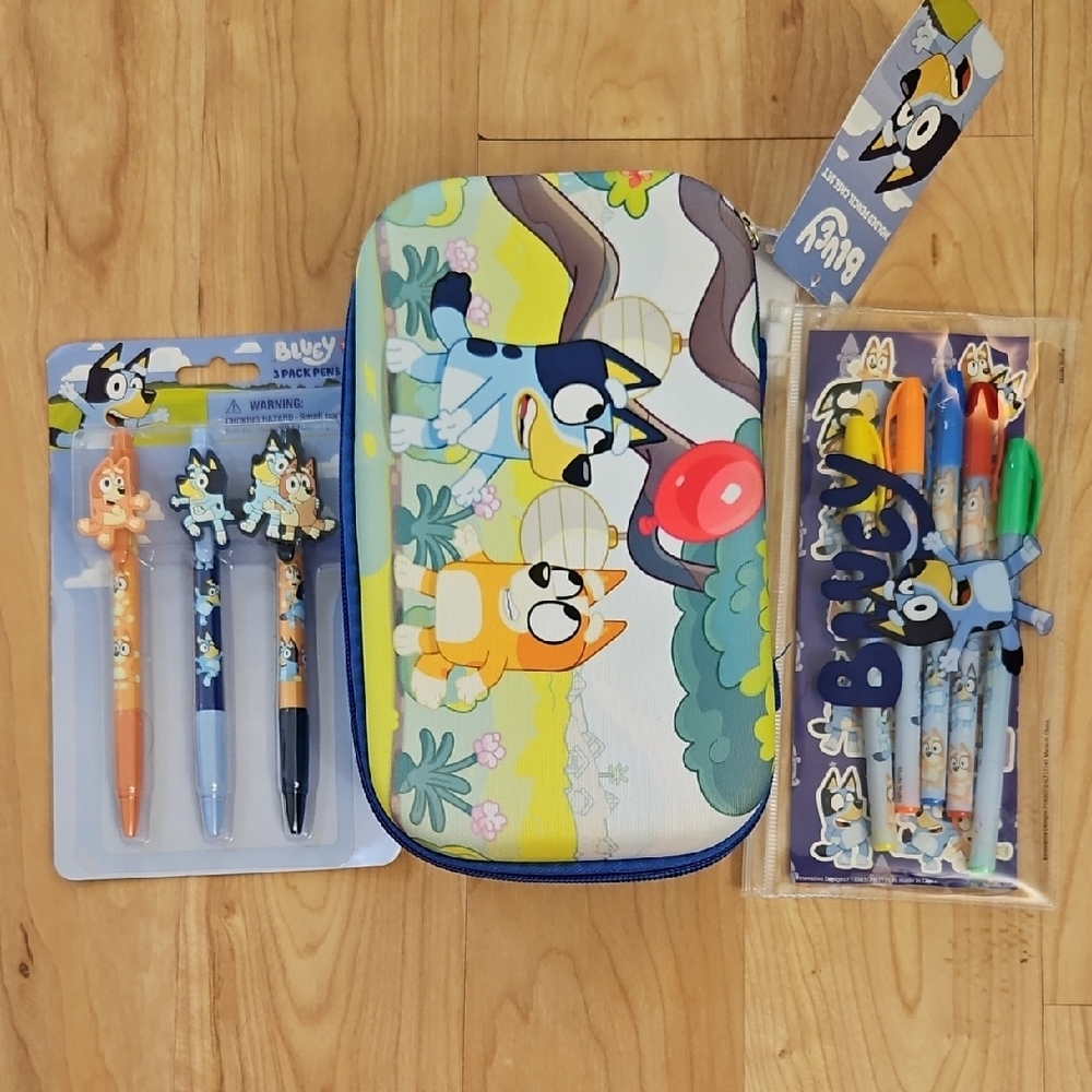 NWT Bluey Character Pencil Case Holder, Colored Pens, And Sticker Set.